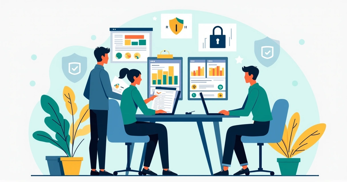 Equipe feminina e masculina analisando gráficos de vendas e segurança digital 
