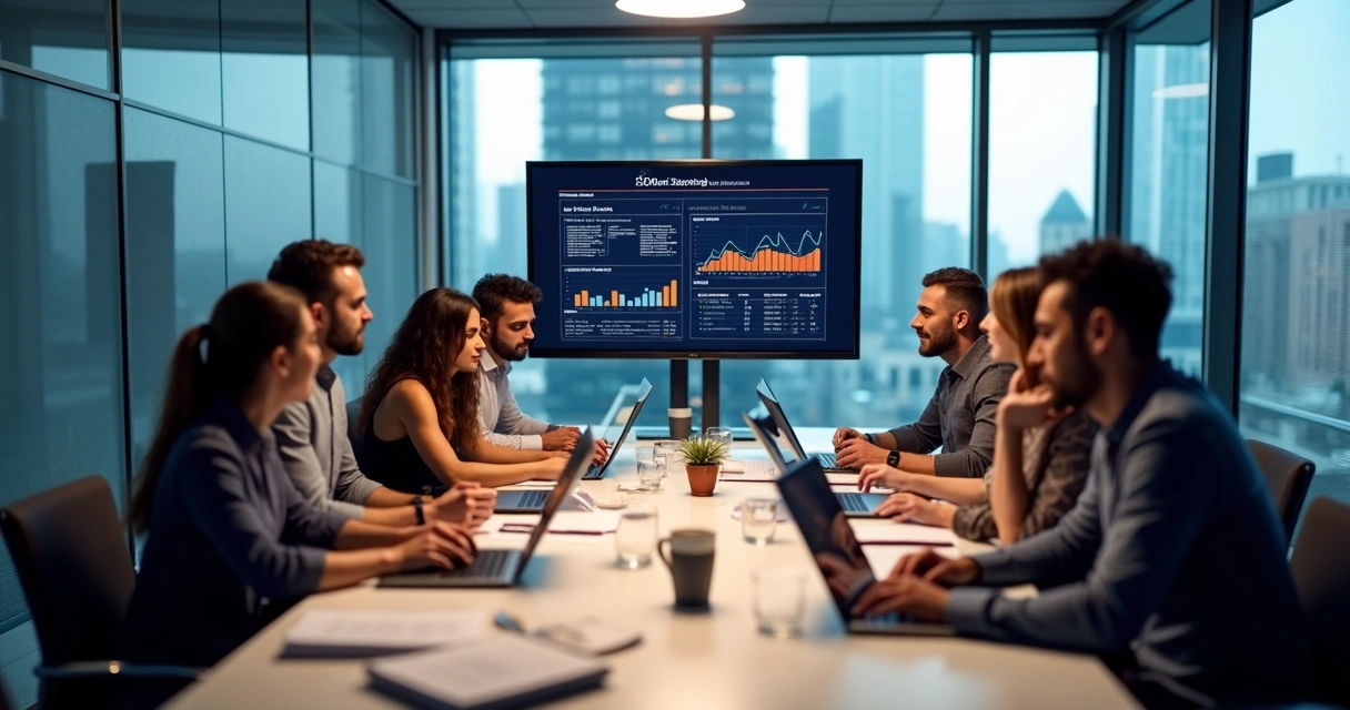 Equipe de profissionais analisando dados de campanhas em computadores 