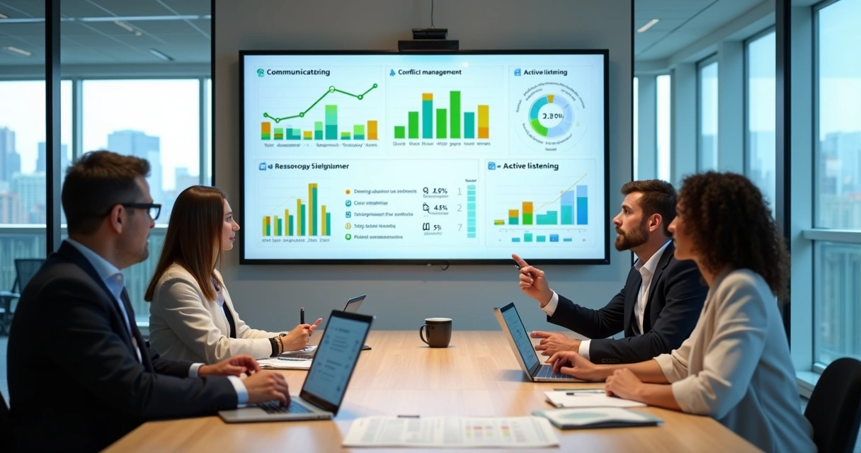 Gestores analisando em tela grande gráficos de evolução de soft skills 