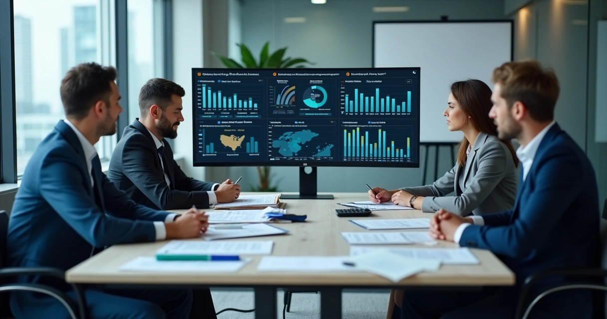Equipe revisando dados tributários em telas e relatórios 