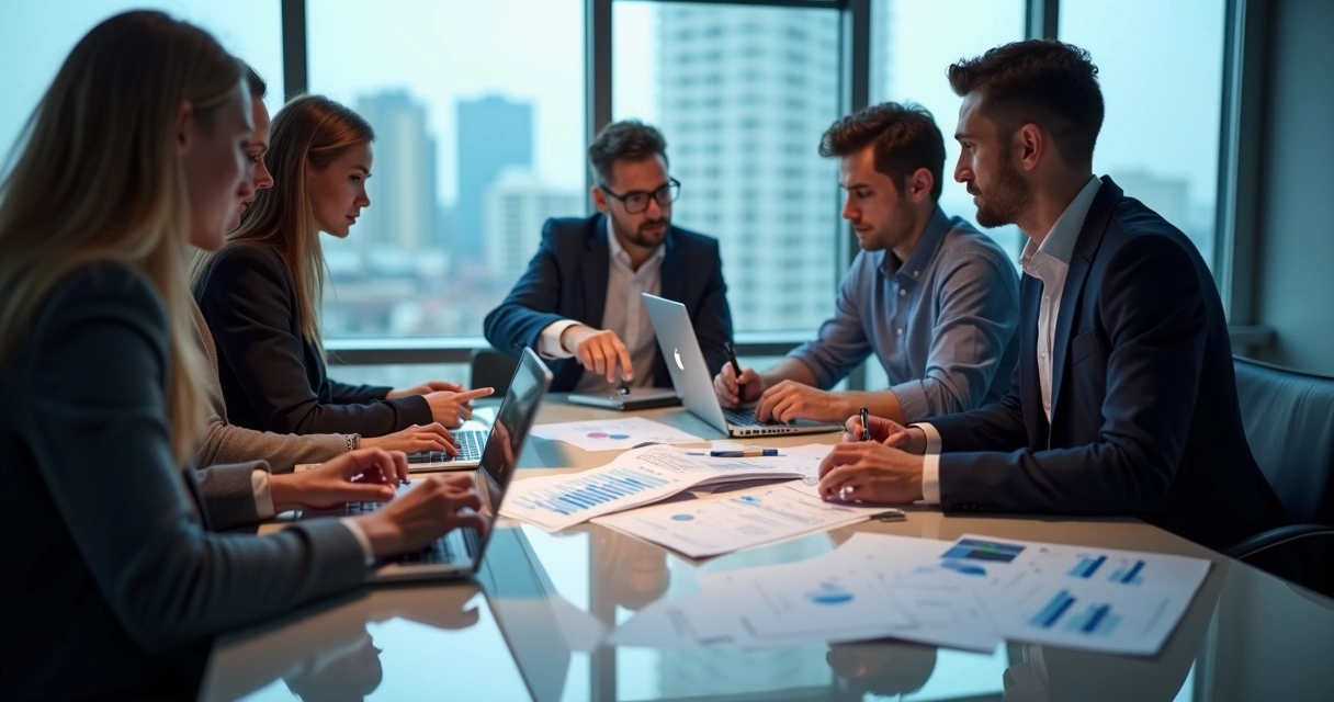 Equipe reunida em mesa de trabalho analisando gráficos e computadores 