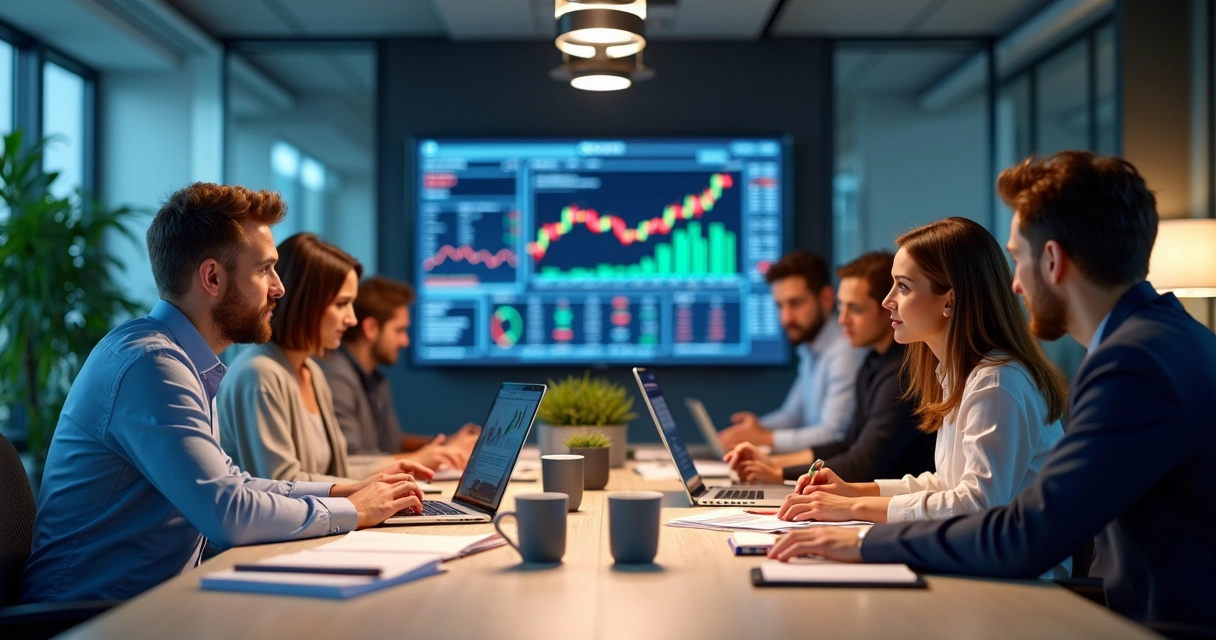 Equipe de analistas quantitativos discutindo dados e estratégias. 