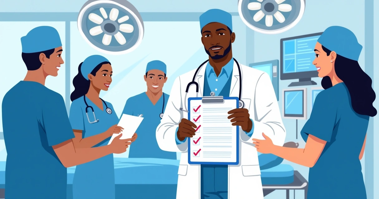 Equipe médica em sala cirúrgica analisando checklist, com anestesiologista ao centro