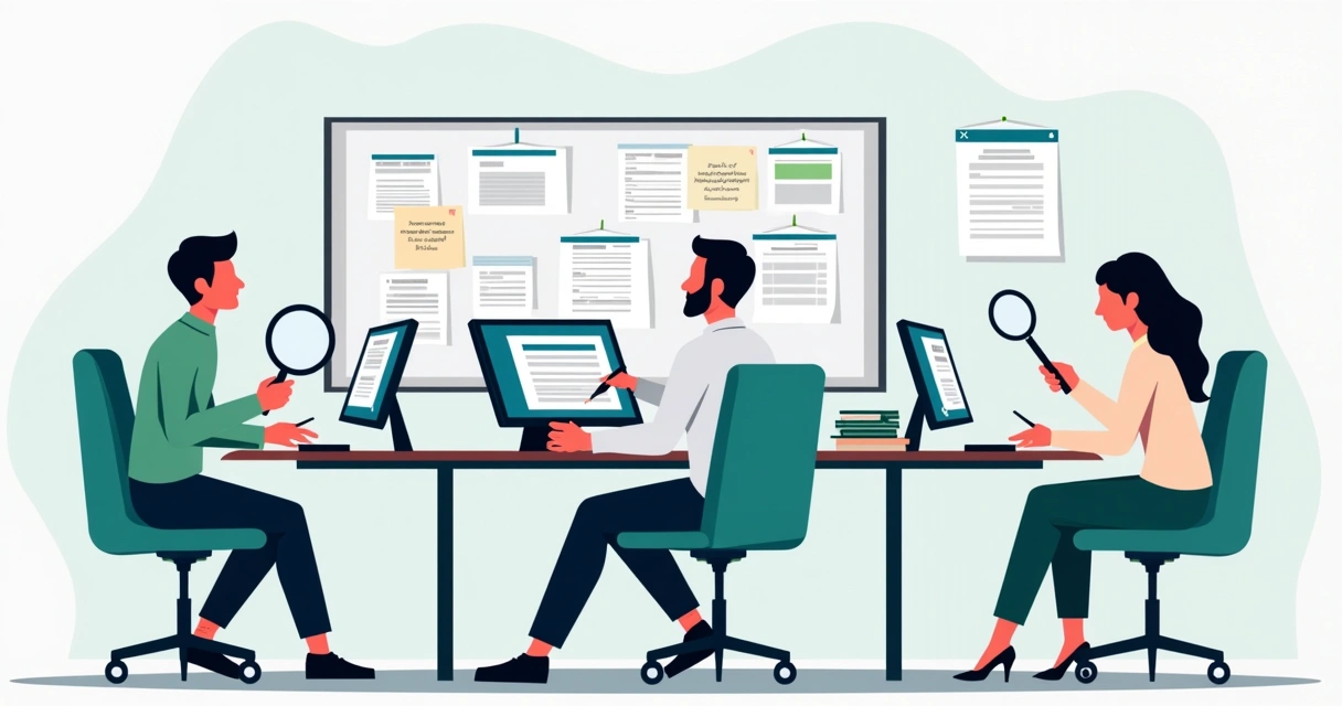 Equipe analisando pedidos manualmente em computadores 