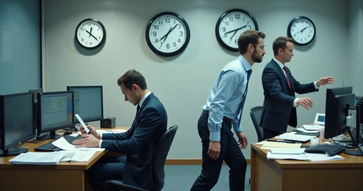 Equipe tentando resolver muitos problemas ao mesmo tempo em escritório, papéis espalhados e fisionomias preocupadas 