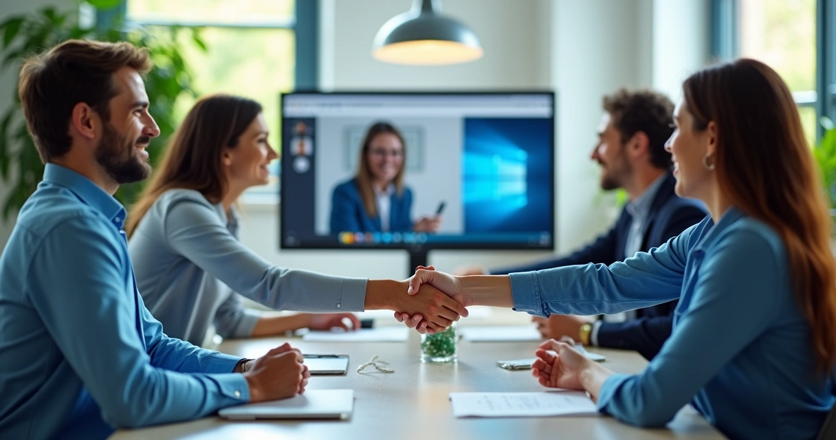 Equipe híbrida apertando mãos virtualmente 