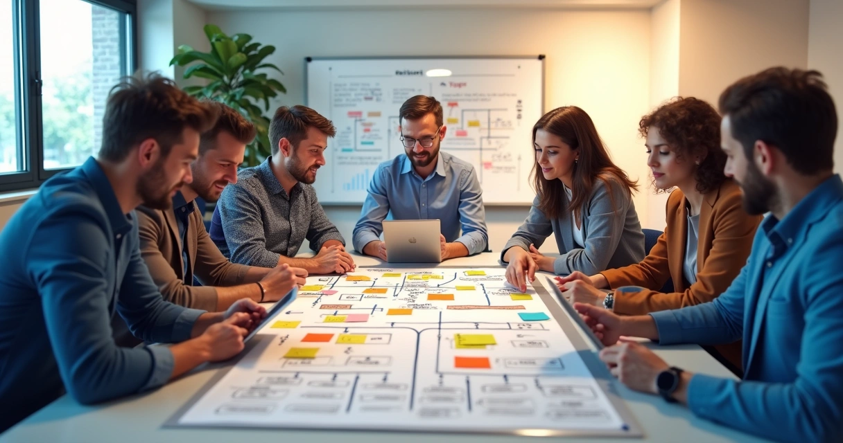 Equipe de vendas reunida em uma mesa interagindo com tablets, laptops e anotações enquanto discute uma estratégia visual de vendas. 