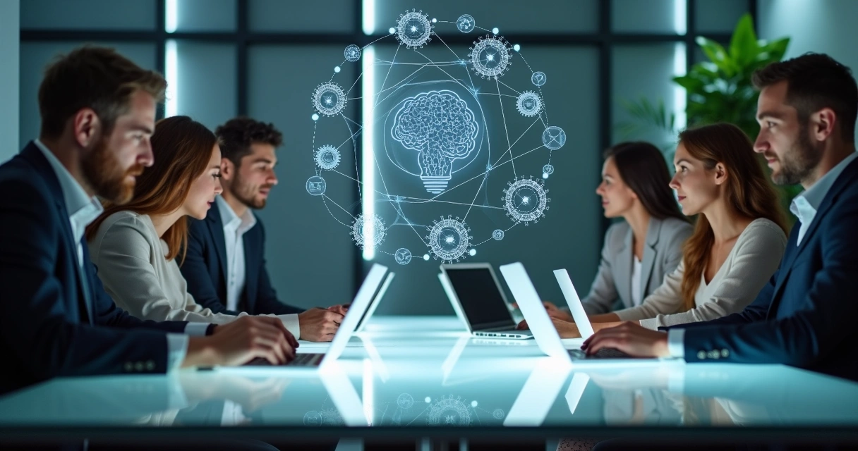 Equipe reunida usando tecnologia de inteligência artificial 