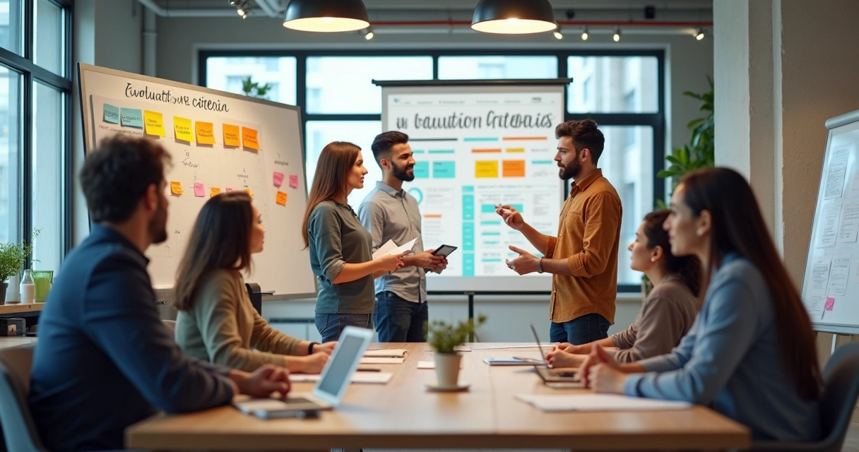 Equipe em reunião utilizando ferramentas de avaliação colaborativa 