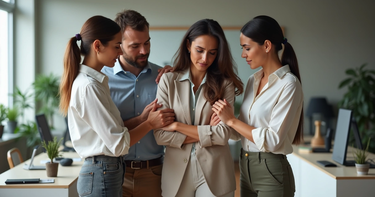 Equipe de trabalho apoiando colega em momento difícil 