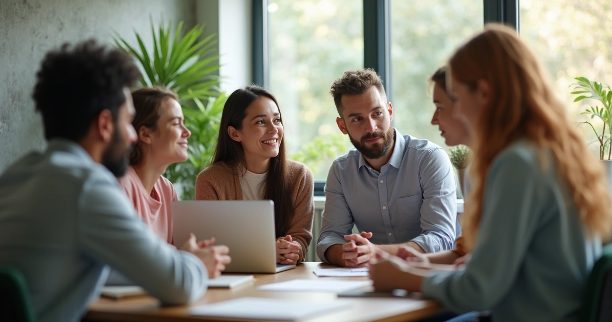 Equipe de trabalho apoiando colega em situação delicada, todos sentados em roda, tons claros e ambiente acolhedor 