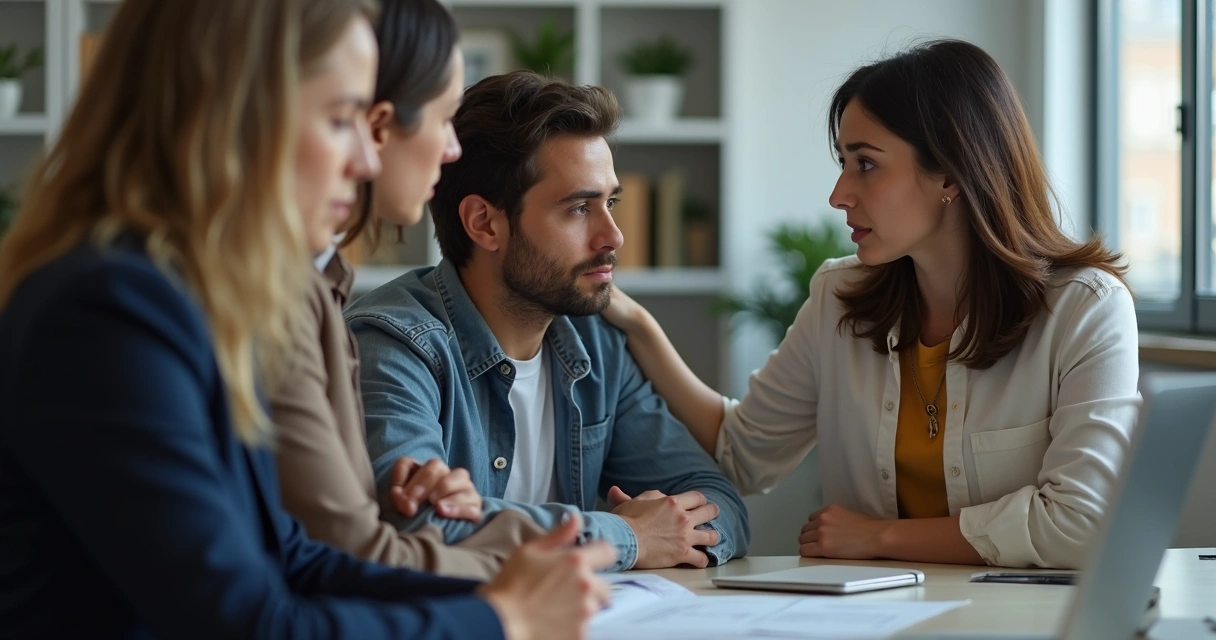Equipe de trabalho apoiando colega triste 