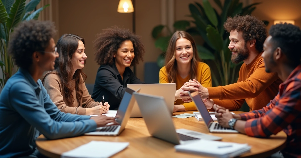 Grupo de pessoas se apoiando e discutindo tarefas de um projeto em uma mesa redonda