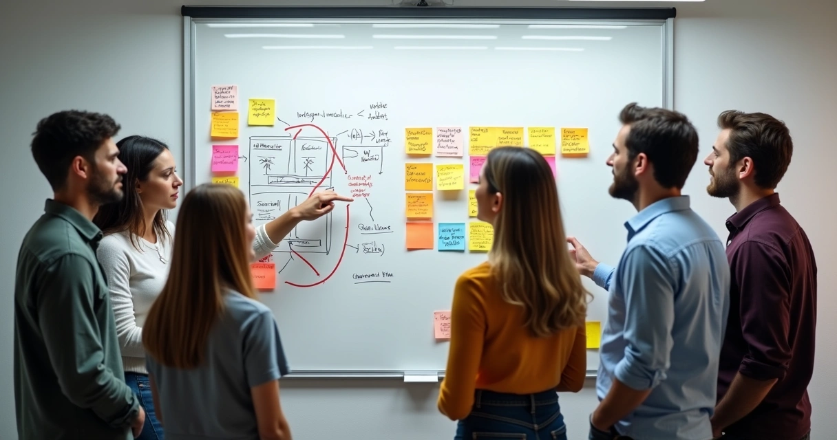 Time de trabalho analisando juntos um quadro branco com anotações 