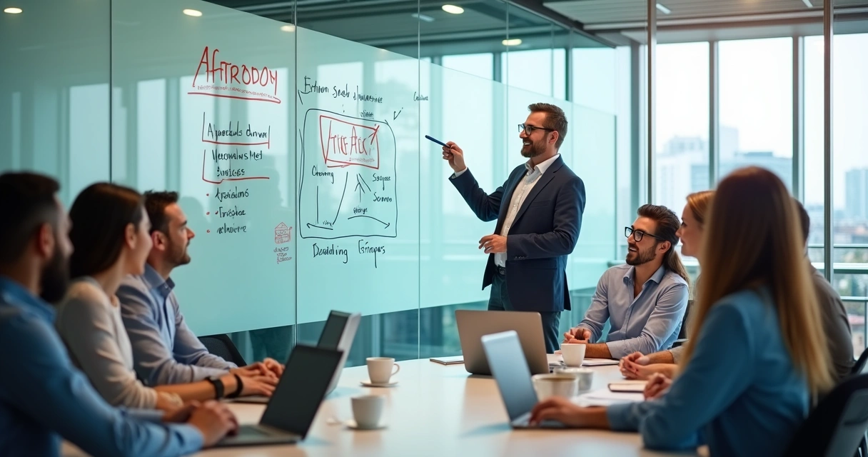Equipe em escritório analisando erro em quadro branco e transformando em aprendizado coletivo 