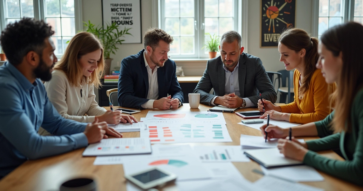 Grupo de trabalho reunido analisando gráfico com barras vermelhas e verdes