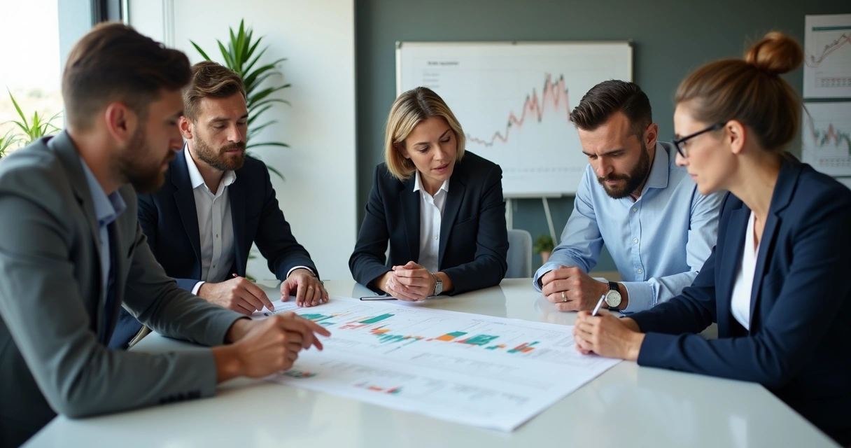 Equipe em sala de reunião analisando juntos um gráfico de desempenho, com expressão de reflexão