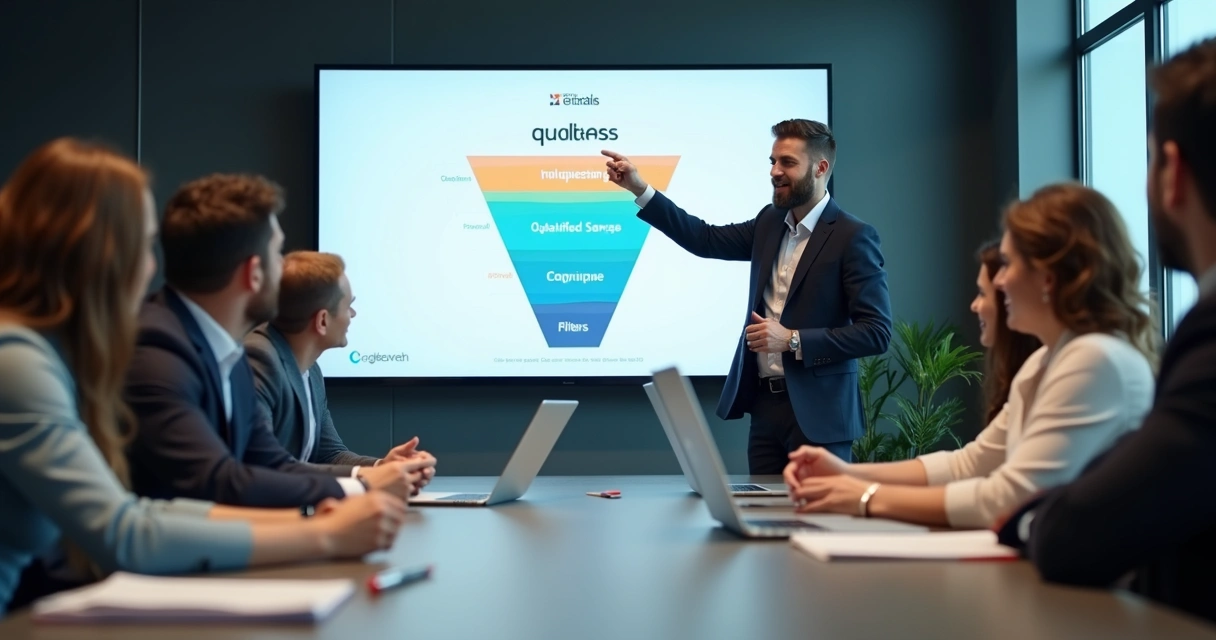 Equipe reunida em treinamento, tela mostrando funil de vendas digital 