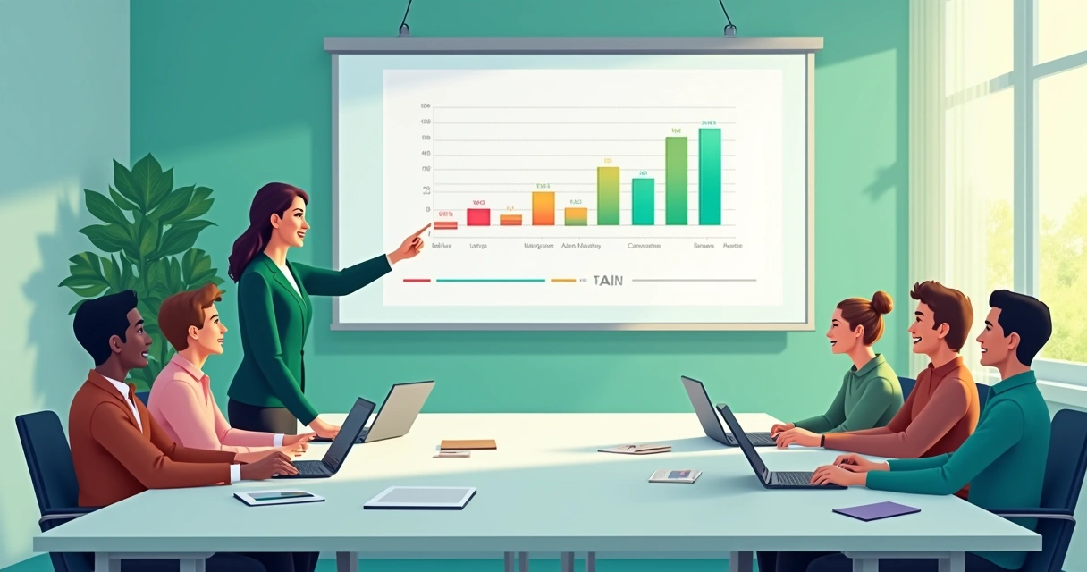 Equipe assistindo aula de MS Project com professor e inteligência artificial 