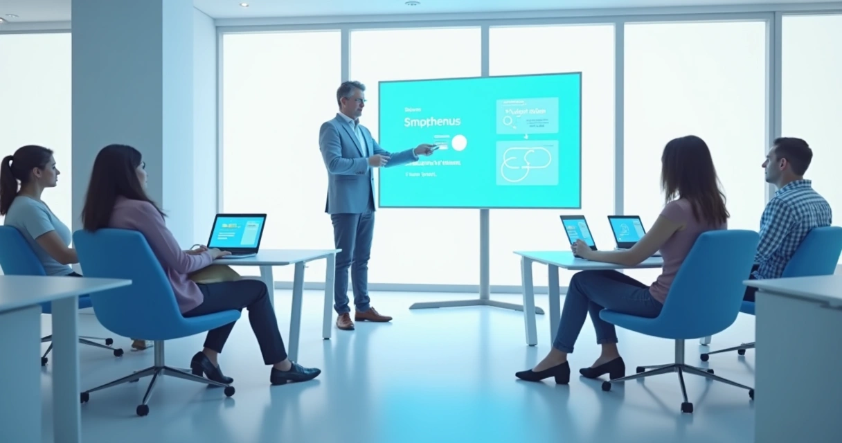 Equipe usando computadores novos em escritório claro e moderno