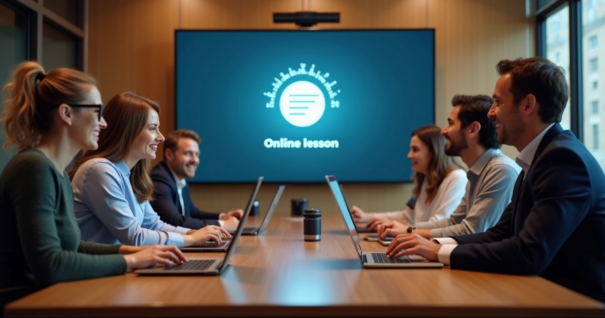 Equipe reunida em sala usando notebooks, aprendendo juntos online 