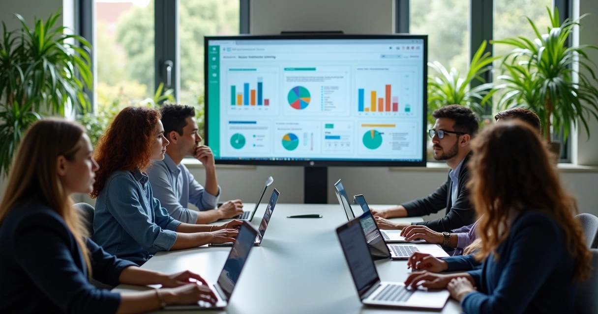 Equipe de escritório assistindo treinamento digital em notebooks 