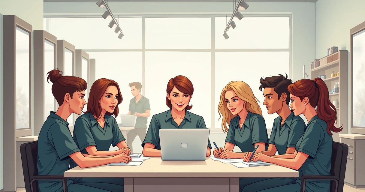 Equipe de salão de beleza reunida ao redor de um computador aprendendo novo software 