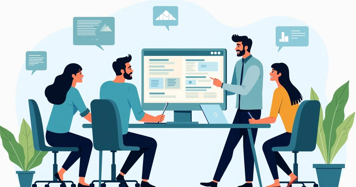 Equipe de escritório em treinamento aprendendo SQL 