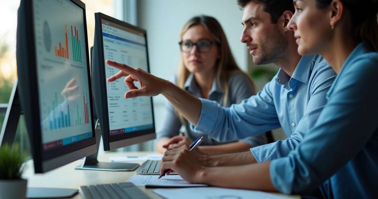 Profissionais compartilhando tela de computador em treinamento colaborativo