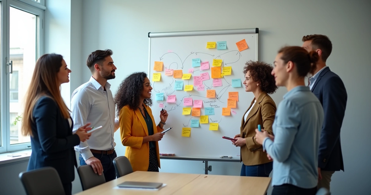 Equipe colaborando em solução de problema em quadro branco 