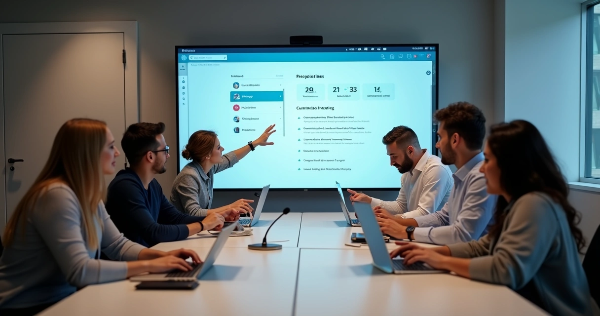 Equipe reunida em ambiente digital trocando ideias para aprendizado