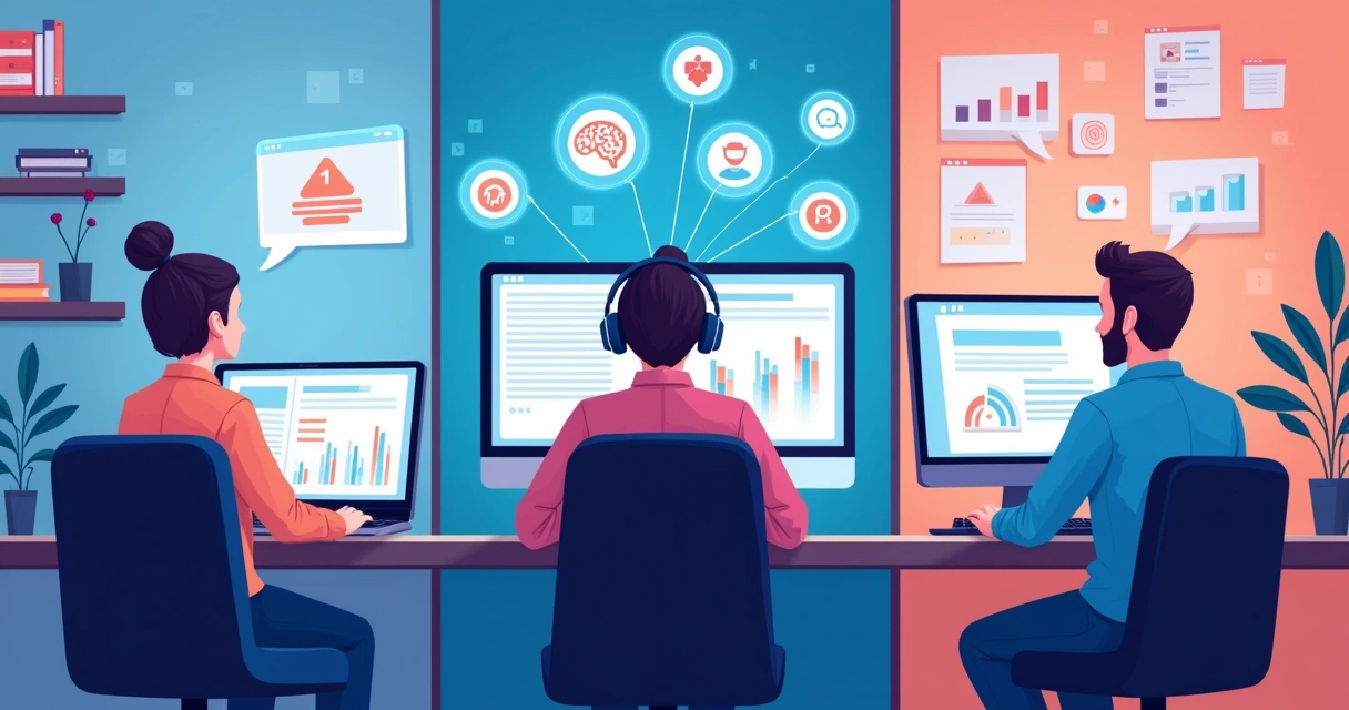 Grupo de profissionais aprendendo IA online em diferentes ambientes 