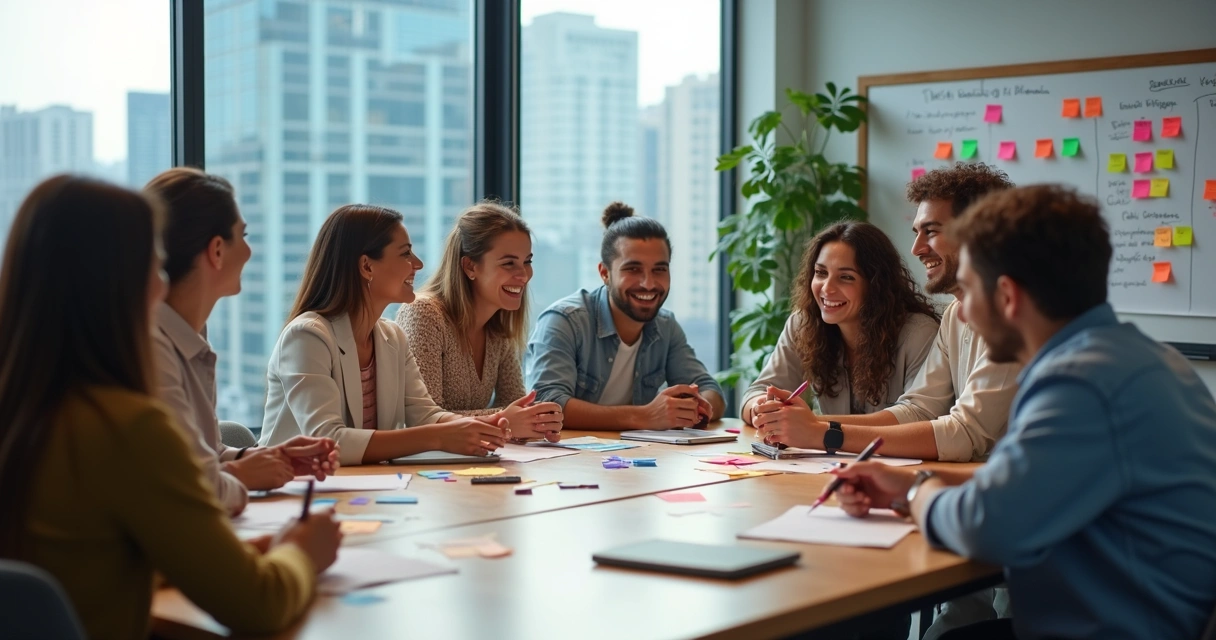 Equipe reunida sorrindo em mesa de reunião moderna 