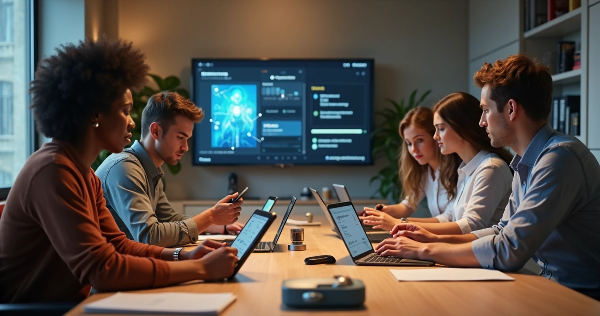 Equipe diversa usando plataforma de aprendizado com IA 