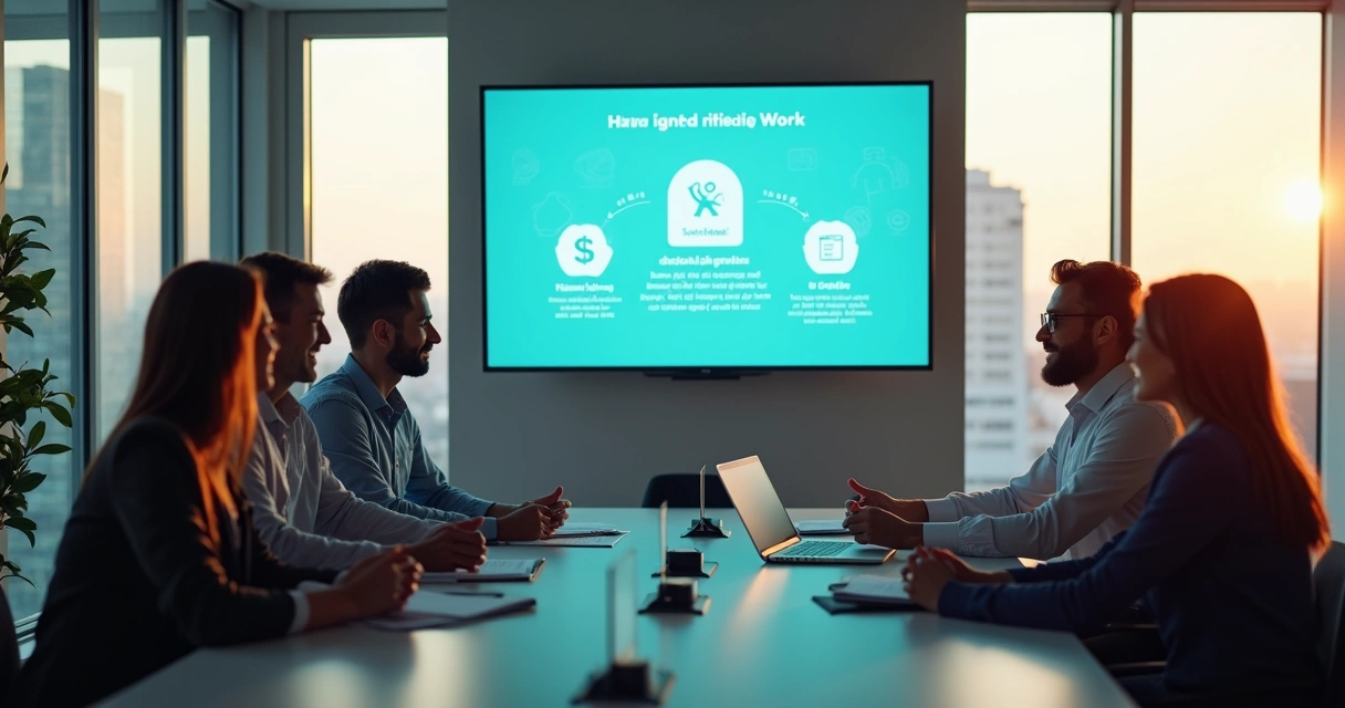 Equipe de uma empresa reunida em apresentação 