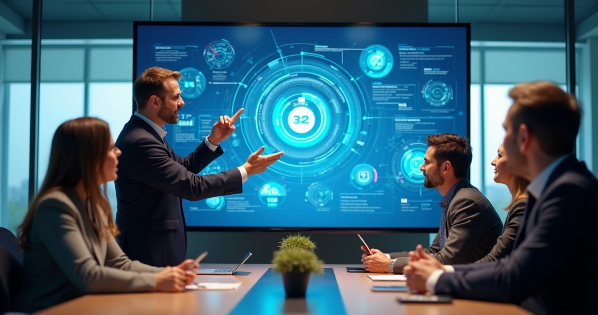 Equipe corporativa apresentando soluções digitais personalizadas em apresentação visual