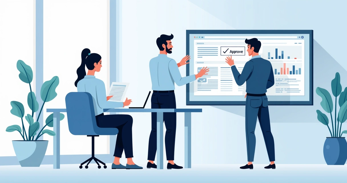 Equipe de trabalho em frente a telas digitais aprovando documentos online 