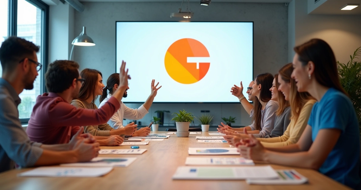 Equipe comemorando aprovação de nova identidade visual 