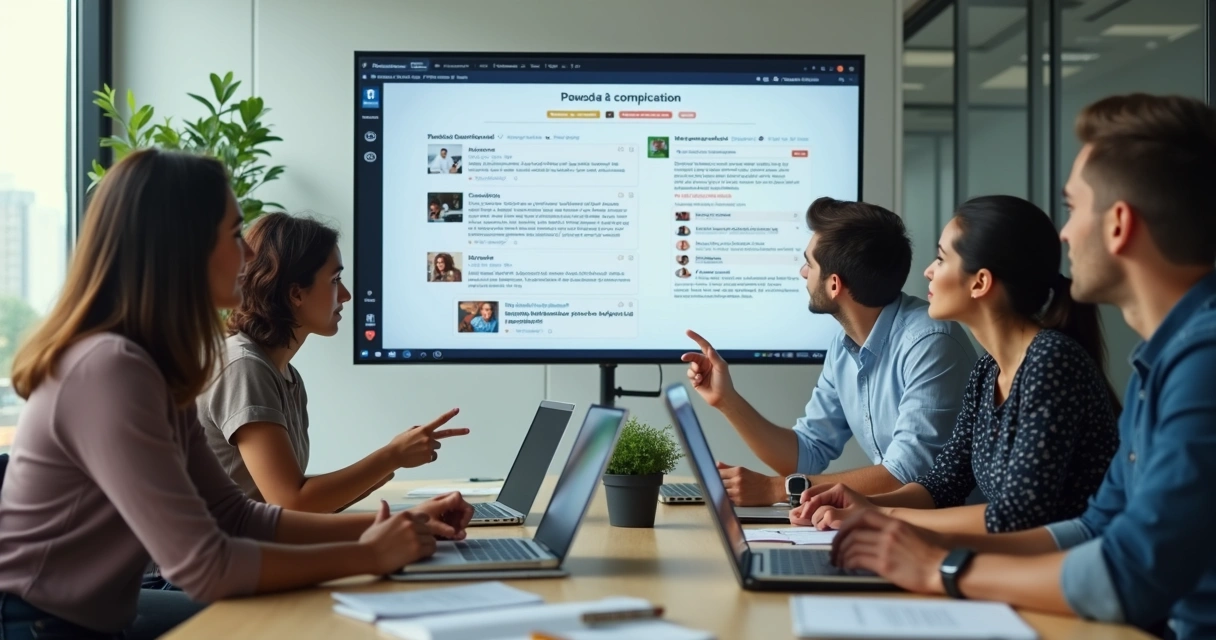 Equipe de marketing revisando posts em uma tela compartilhada
