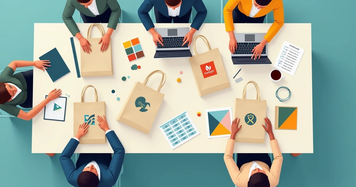 Equipe revisando arte de ecobag personalizada em mesa de trabalho 