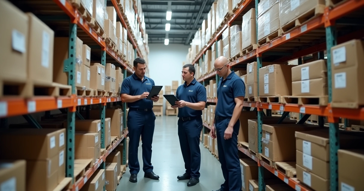 Equipe de funcionários organizando caixas em prateleiras de estoque moderno