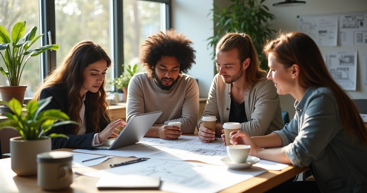 Equipe de arquitetura reunida analisando planta sustentável 