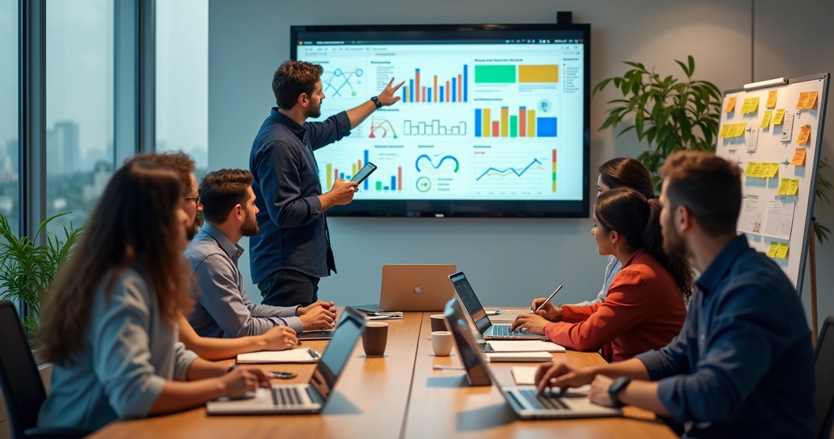Equipe de marketing digital da Arttico em reunião estratégica em escritório moderno 
