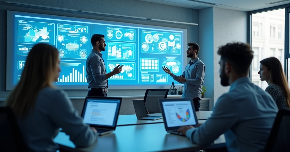 Equipe de assessoria organizando estratégias de IA e GEO 