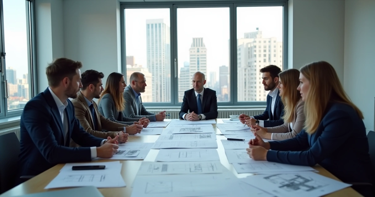 Equipe de assessoria imobiliária em reunião profissional na mesa de trabalho 