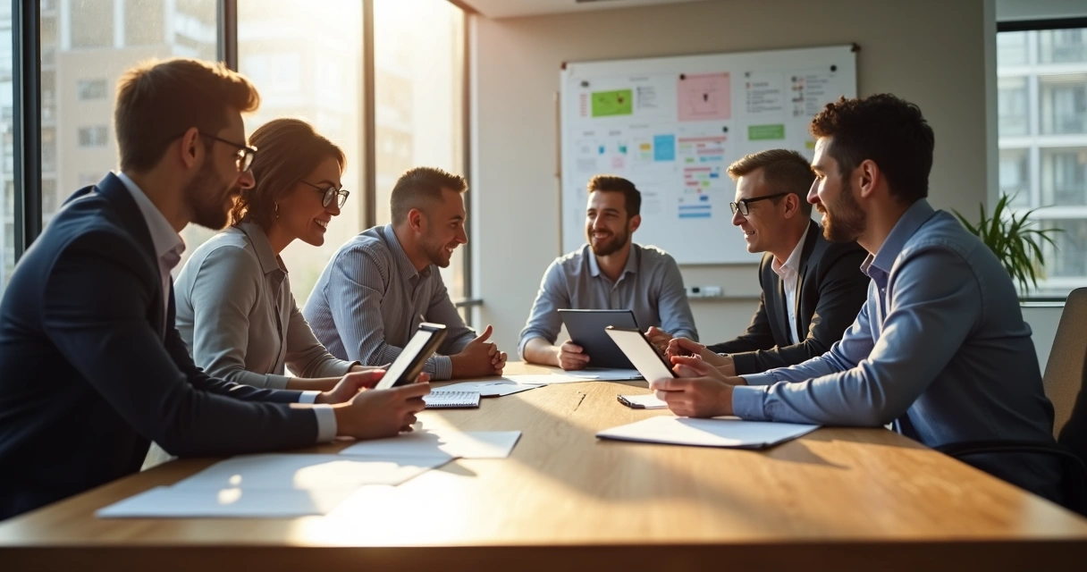 Equipe reunida em torno de mesa discutindo estratégias 