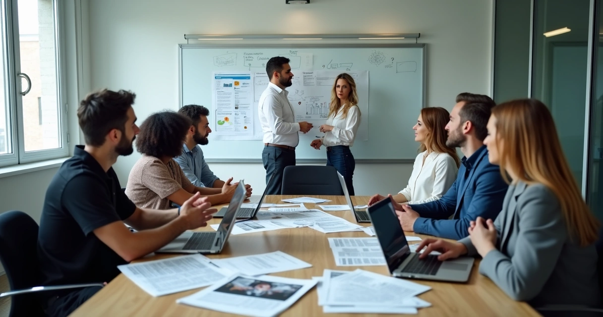Equipe de assessoria de imprensa reunida analisando estratégias