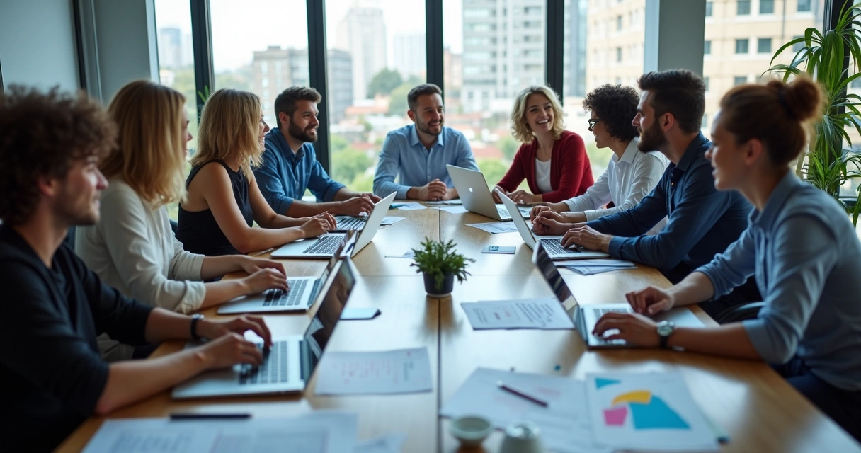 Equipe reunida redigindo release e analisando notícias em sala de reunião