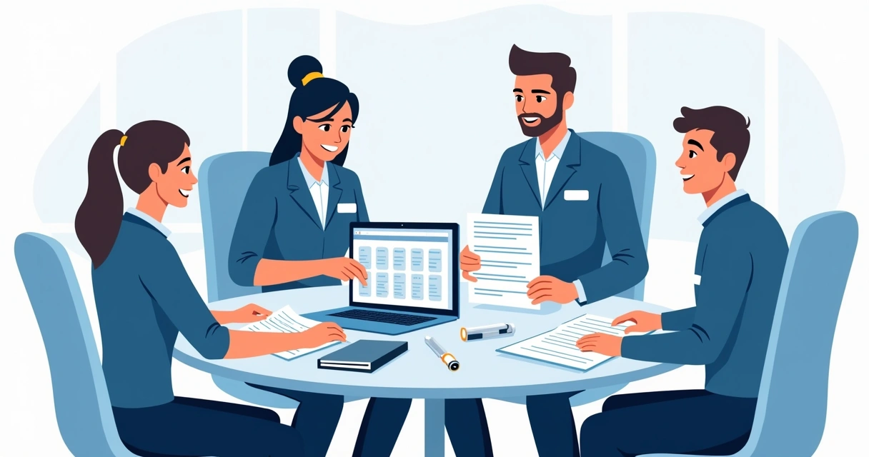 Equipe técnica em reunião analisando relatório de visitas