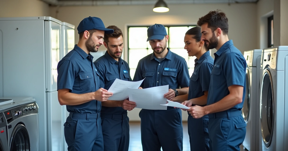 Equipe de técnicos de assistência uniformizada em ambiente organizado